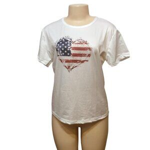 Womens Tshirt American Heart Flag White Round Neck Short Sleeve Size XXL skuB